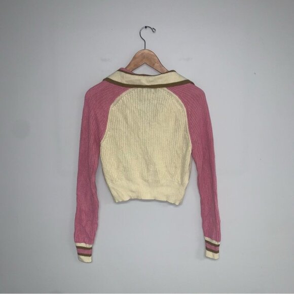 BDG Urban Outfitters Taylor Collared Sweater Size XS Cream Pink Cropped Knitted - Picture 7 of 9